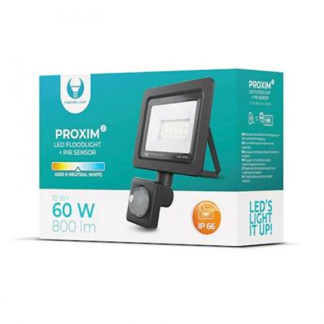 Forever Light PROXIM II Στεγανός Προβολέας LED 10W με Αισθητήρα Κίνησης Φυσικό Λευκό 4500K 800lm 120° IP66 - Μαύρο (RTV003607)