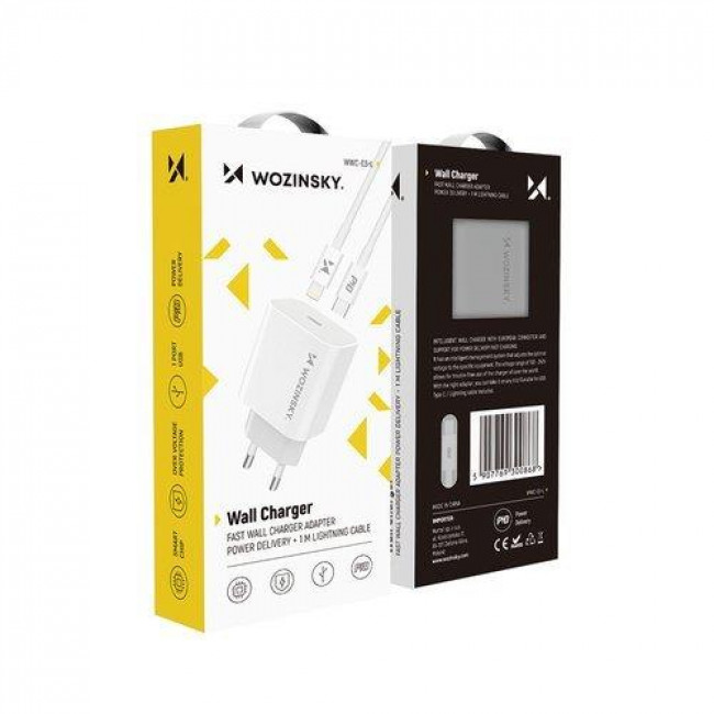 Wozinsky Γρήγορος Φορτιστής PD, 1x USB-C 20W +Καλώδιο USB-C to Lightning 1m Λευκό (WWC-03-L)