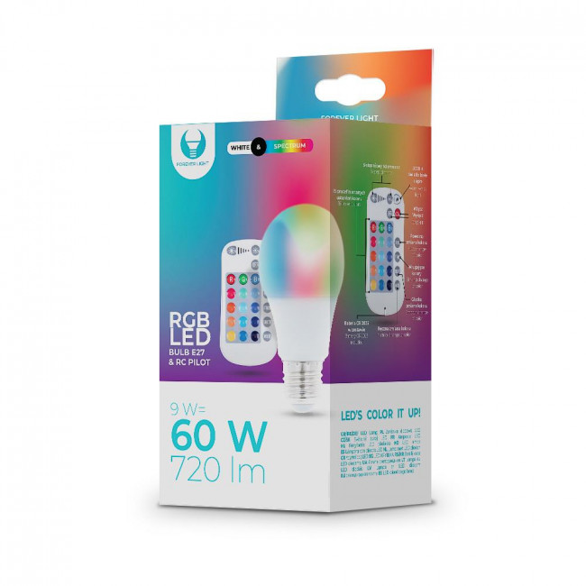 Forever Light Λάμπα LED για Ντουί E27 και Σχήμα A60 9W RGBW 720lm Dimmable με Χειριστήριο (RTV003564)