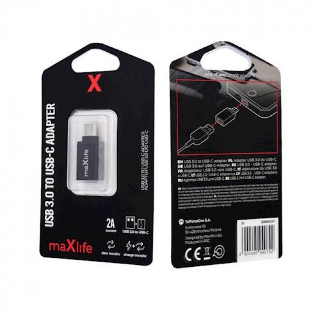 maXlife USB 3.0 Μετατροπέας USB-A Θυληκό - USB-C Αρσενικό 2A Μαύρο