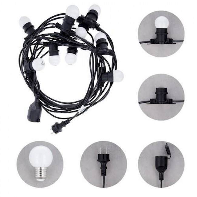 Forever Light LED Γιρλάντα Φωτισμού 12m IP65  με 10 Λάμπες LED 2W για Ντουί E27 σε Σχήμα G45 Λευκές 230V (RTV100002)