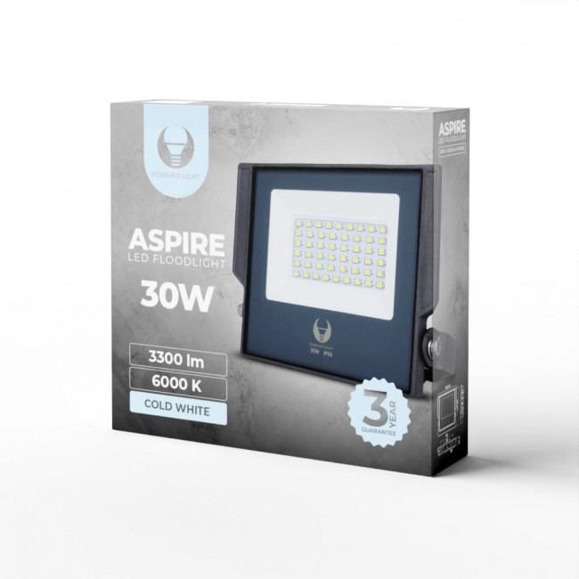 Forever Light ASPIRE Στεγανός Προβολέας LED  30W Ψυχρό Λευκό 6000K 3300lm 120° IP66 (RTV0700004)