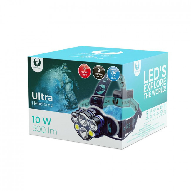 Forever Light LED Head Lamp Ultra T6, Rechargeable 2x 18650 1200mAh, 2x 10W & 2x 3W, 500lm