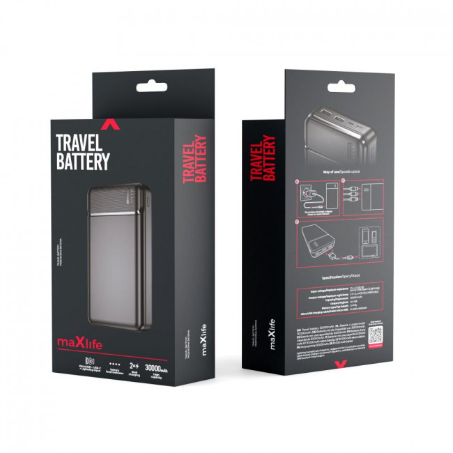 maXlife MXPB-01 Power Bank 2x USB, 2x USB-C 2.4A 30000mAh Black (OEM100611)